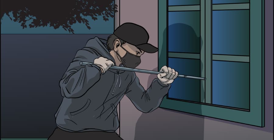 Illustration of burglar forcing entry through a window in St. Paul